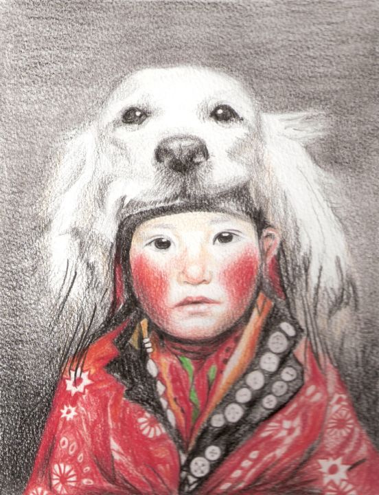 Disegno intitolato "enfant chien" da Herr B, Opera d'arte originale, Matita