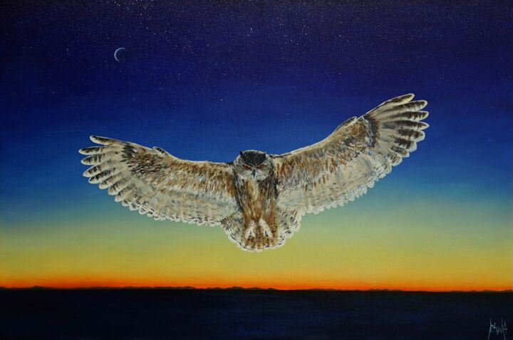 Schilderij getiteld "Night stalker" door Adrian Blag, Origineel Kunstwerk, Olie Gemonteerd op Houten paneel