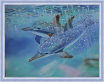 Peinture intitulée "Magic dolphins" par Elena Rakova, Œuvre d'art originale, Huile