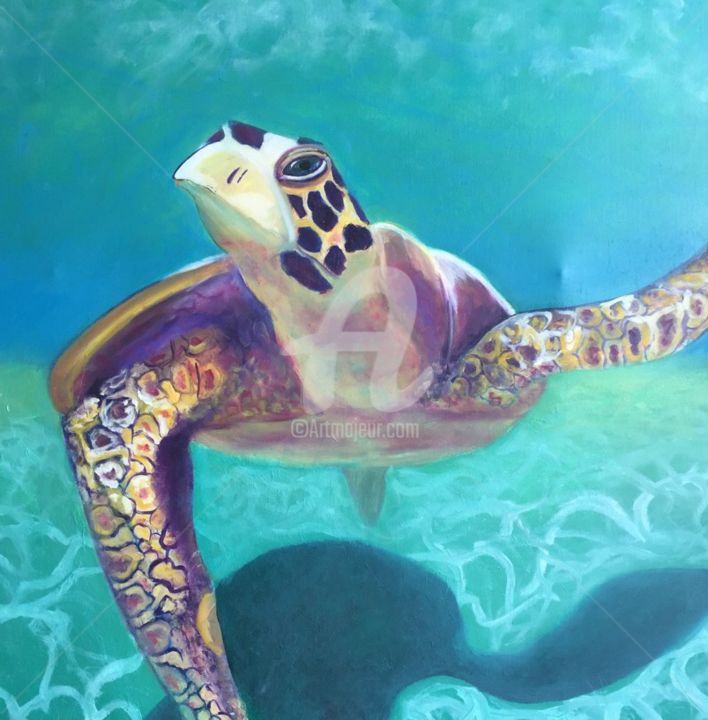 Painting titled "peinture tortue" by Diane Blanch, Original Artwork, Oil