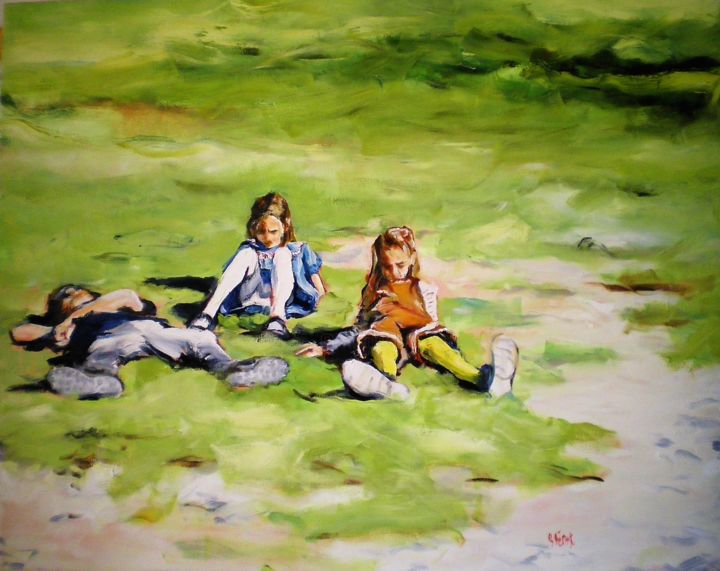 Peinture intitulée "Les filles et Ilian" par Blanche Bérat, Œuvre d'art originale, Huile Monté sur Châssis en bois
