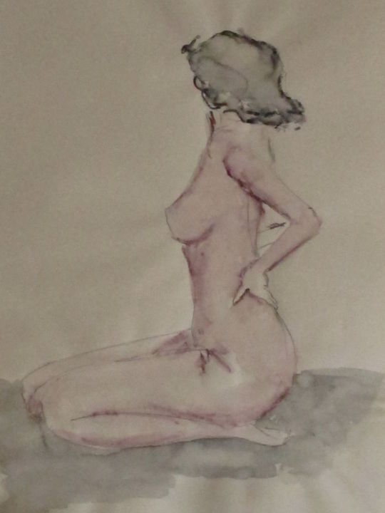 Drawing titled "Nu  de profil" by Sylvie Guinand (Blanche G.), Original Artwork, Ink