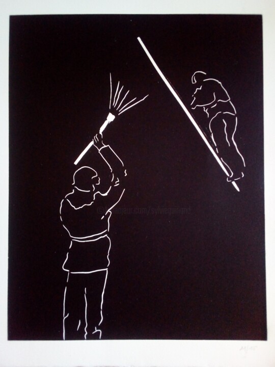 Printmaking titled "l'homme perché" by Sylvie Guinand (Blanche G.), Original Artwork, Linocuts