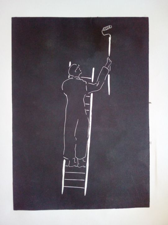 Gravures & estampes intitulée "L'homme perché 3" par Sylvie Guinand (Blanche G.), Œuvre d'art originale, Linogravures