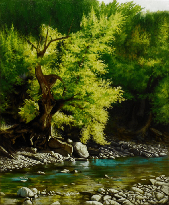 Painting titled "The River" by Bledi Kita, Original Artwork, Oil Mounted on Wood Stretcher frame