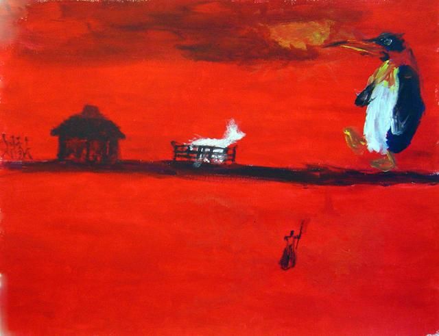 Painting titled "Pinguin rouge 2" by Nicolas Legros, Original Artwork