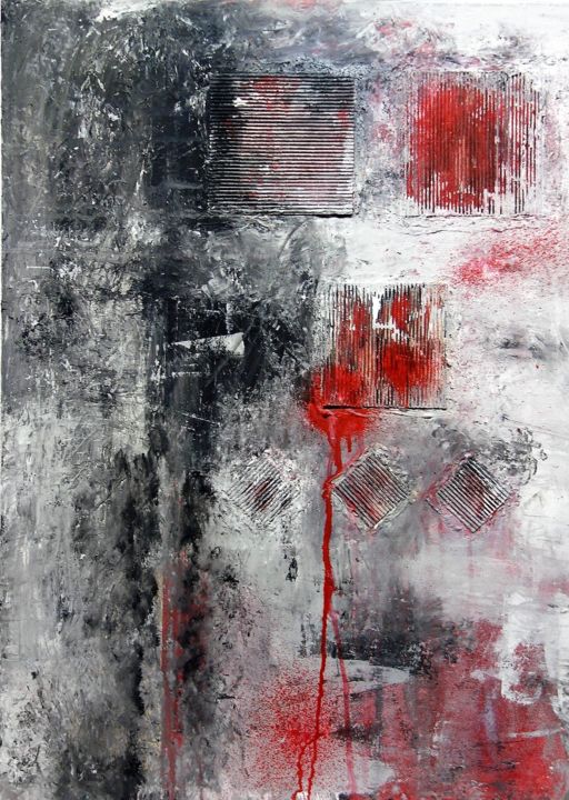 Malerei mit dem Titel "Rot im Fluss" von Lisa Blome, Original-Kunstwerk, Tempera