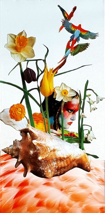 Collagen mit dem Titel "AMAZONE" von D-Reves, Original-Kunstwerk, Scherenschnitt