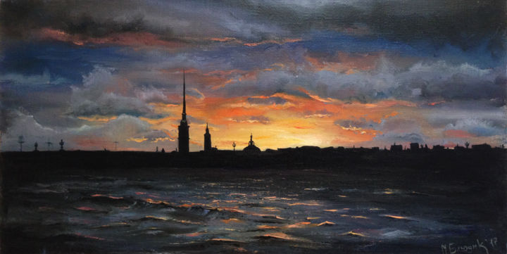 Peinture intitulée "Закат над Петербург…" par Mariia Bliudik, Œuvre d'art originale, Huile