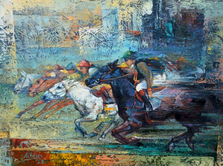 Painting titled "Horse-race" by Achilles, Original Artwork, Oil