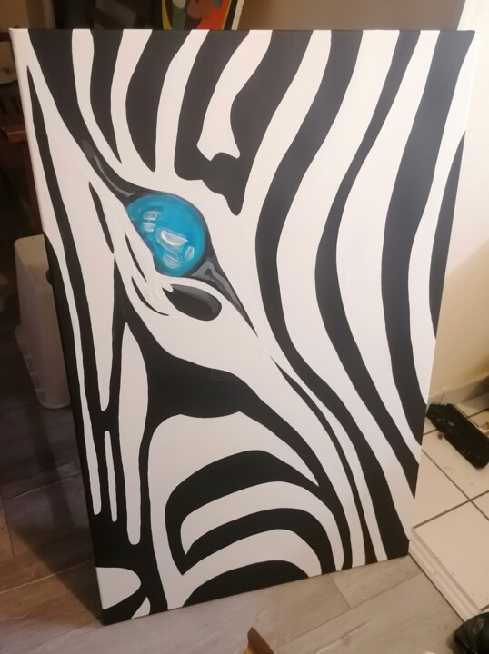 Peinture intitulée "Blue eyed zebra" par Blue Hotel, Œuvre d'art originale, Acrylique Monté sur Châssis en bois