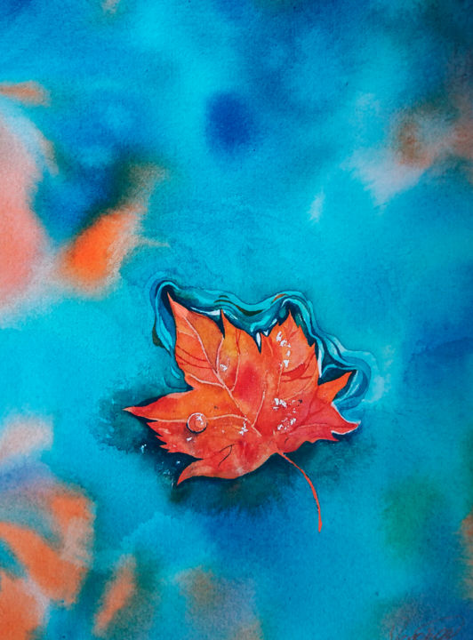 Schilderij getiteld "Autumn leaf" door Veronika Shepilova (Blueberry Artist), Origineel Kunstwerk, Aquarel