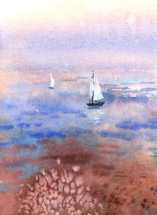 Schilderij getiteld "Evening at the sea…" door Veronika Shepilova (Blueberry Artist), Origineel Kunstwerk, Aquarel