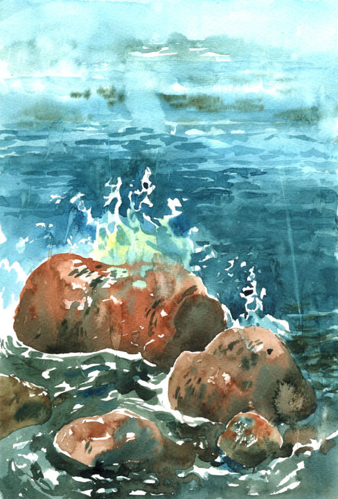 Schilderij getiteld "Sea as artist" door Veronika Shepilova (Blueberry Artist), Origineel Kunstwerk, Aquarel