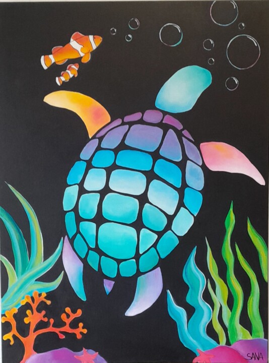 Painting titled "Tortue de mer" by L'Atelier De Sana, Original Artwork, Acrylic Mounted on Wood Stretcher frame