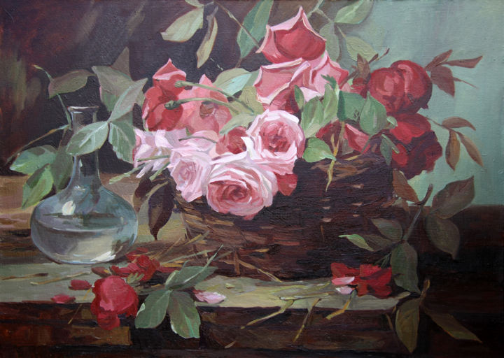 Schilderij getiteld "Still life with ros…" door Anna Gorodetskaya, Origineel Kunstwerk, Olie