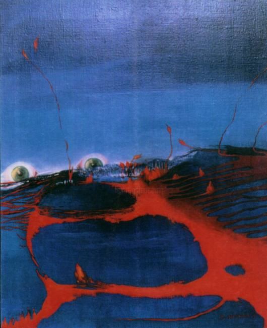 Painting titled "THE BURNING SEA" by Beata Sikorska-Łabęcka, Original Artwork, Oil