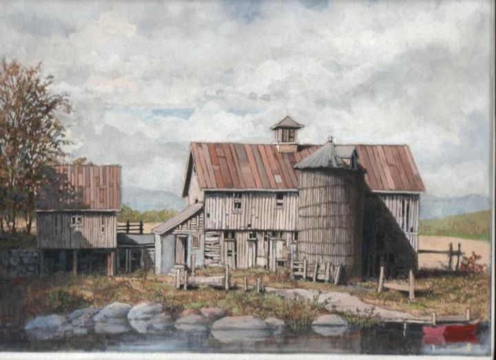 Painting titled "farm by the river" by Bruce Macdonald, Original Artwork