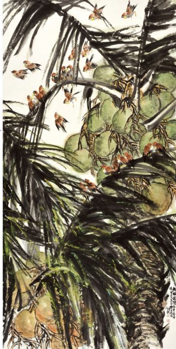 Pintura titulada "Magpies Chattering…" por Bo Kui, Obra de arte original, Tinta