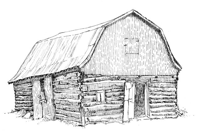 Zeichnungen mit dem Titel "Log Barn" von Bob Hudson, Original-Kunstwerk