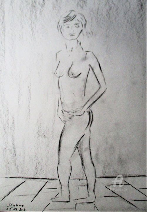 Drawing titled "Daphné au fusain" by Roberto Urbano, Original Artwork, Charcoal