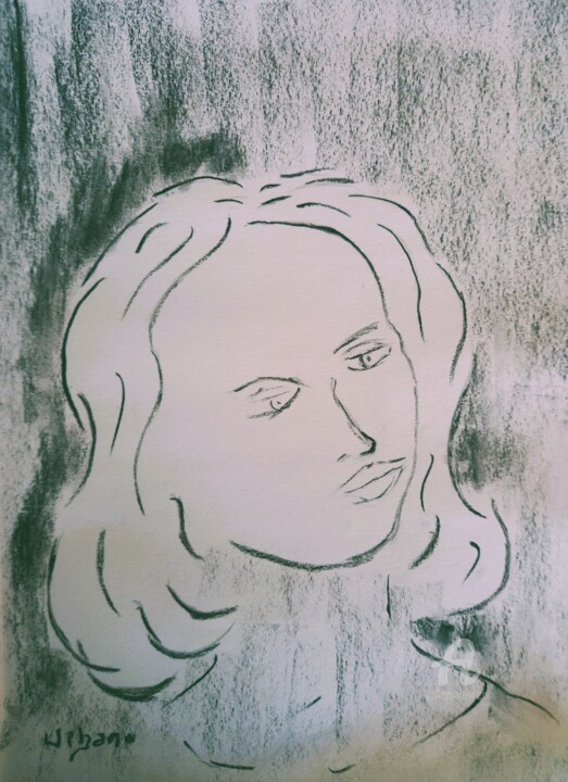 Drawing titled "Portrait féminin" by Roberto Urbano, Original Artwork, Charcoal