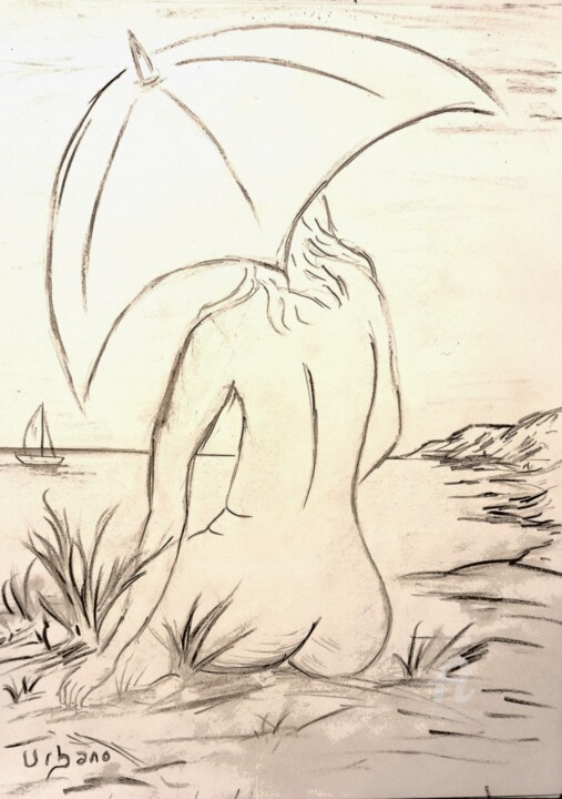 Disegno intitolato "Nu à l' ombrelle" da Roberto Urbano, Opera d'arte originale, Carbone