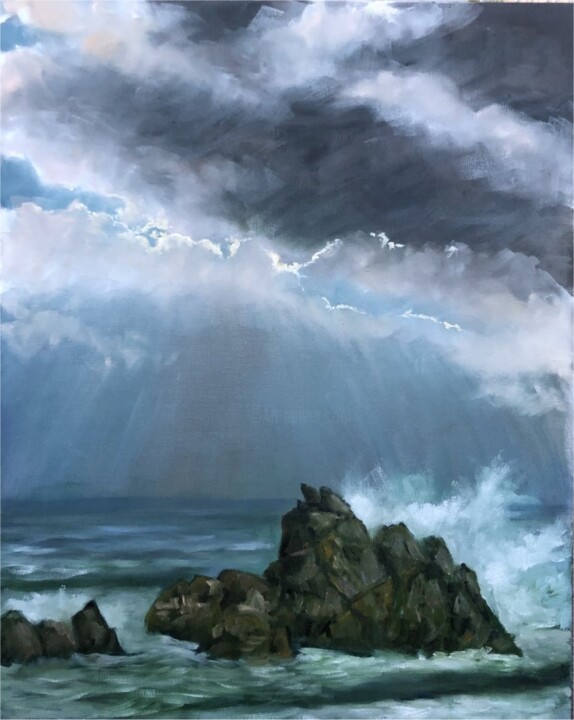 Painting titled "rocks and waves" by Bob Payne, Original Artwork, Oil