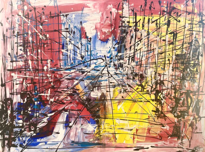 Painting titled "City lines" by Bob Usoroh, Original Artwork, Acrylic