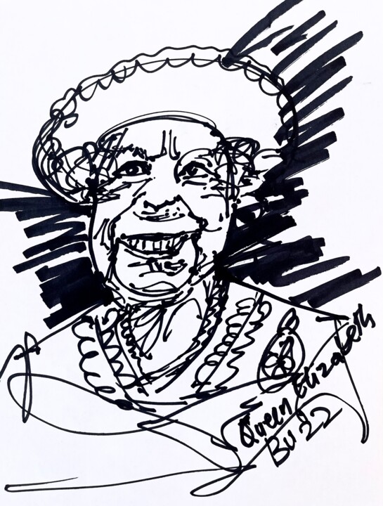 Zeichnungen mit dem Titel "Queen Elizabeth 11" von Bob Usoroh, Original-Kunstwerk, Marker