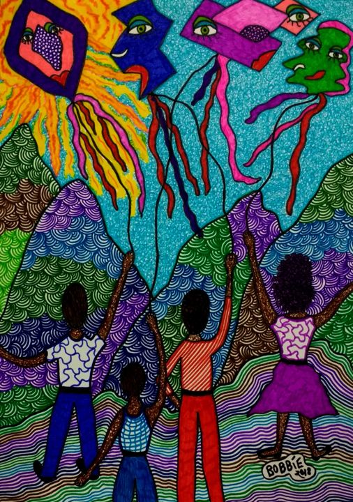 Painting titled "kids-and-kites-2018…" by Bobbie Winston, Original Artwork, Watercolor