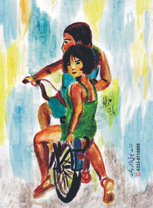 Schilderij getiteld "Girls on Cycle" door Bobby Dar, Origineel Kunstwerk, Aquarel