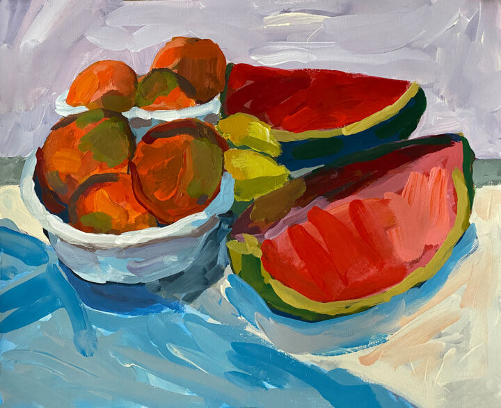 Schilderij getiteld "Still Life in Mirror" door Bobbye Cochran, Origineel Kunstwerk, Acryl