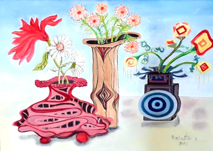 Painting titled "three vases" by Bobette Stanbridge, Original Artwork, Oil
