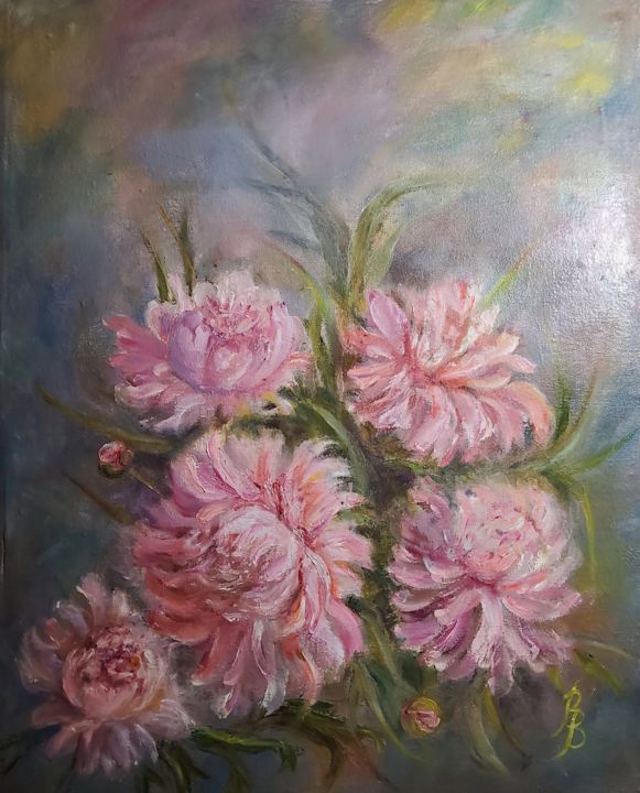 Картина под названием "Peonies. Pink peoni…" - Bogdalena Bah, Подлинное произведение искусства, Масло