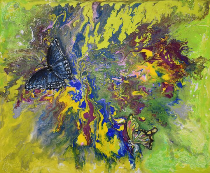 Painting titled "Butterflies in my s…" by Bogdalena Bah, Original Artwork, Acrylic Mounted on Wood Stretcher frame