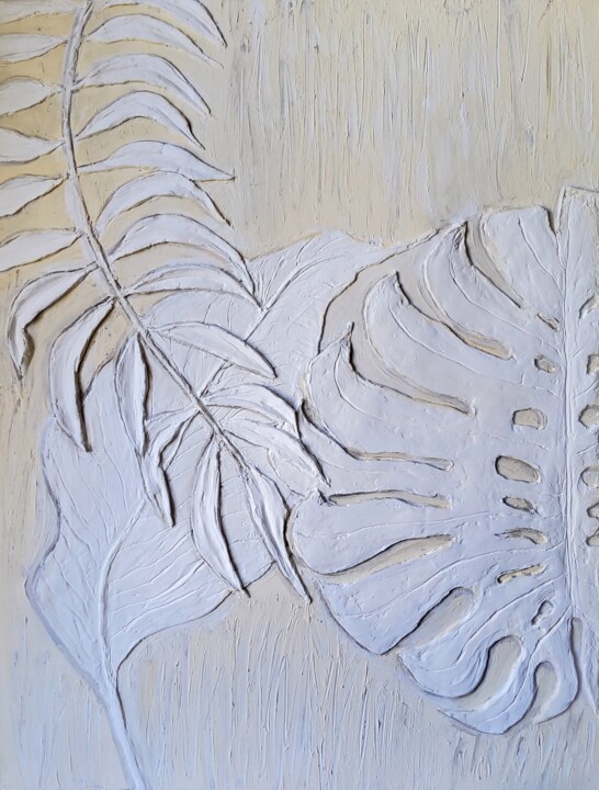 Painting titled "Tropical leaves. Ba…" by Bogdalena Bah, Original Artwork, Acrylic Mounted on Wood Panel