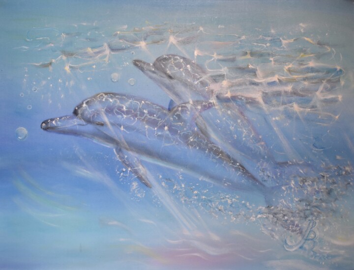 Painting titled "Dolphins and the se…" by Bogdalena Bah, Original Artwork, Oil Mounted on Wood Stretcher frame