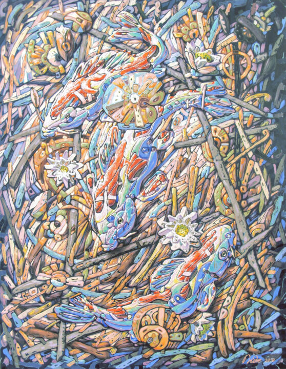 Ζωγραφική με τίτλο "Carps in the pond." από Bogdan Dide, Αυθεντικά έργα τέχνης, Λάδι