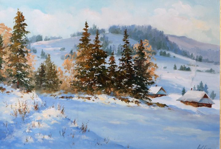 Painting titled "Carpathian winter" by Bogdan Kuziv, Original Artwork, Oil