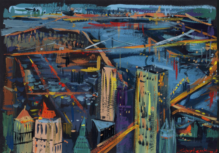 Schilderij getiteld "Night in New York" door Bogdan Shiptenko, Origineel Kunstwerk, Gouache