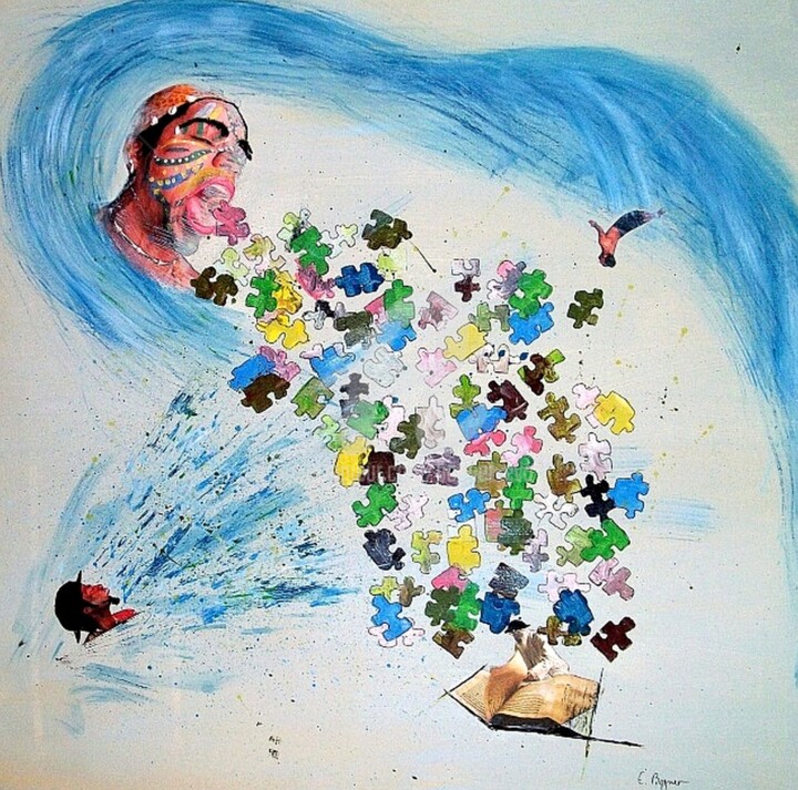 Malerei mit dem Titel "Puzzle" von Bogner Eva, Original-Kunstwerk, Collagen