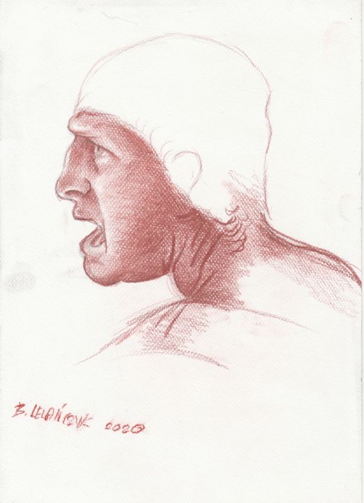 Dessin intitulée "head of a soldier a…" par Bogumił Lewańczyk, Œuvre d'art originale, Conté