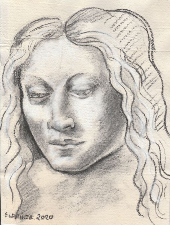 Rysunek zatytułowany „woman head / głowa…” autorstwa Bogumił Lewańczyk, Oryginalna praca, Węgiel drzewny