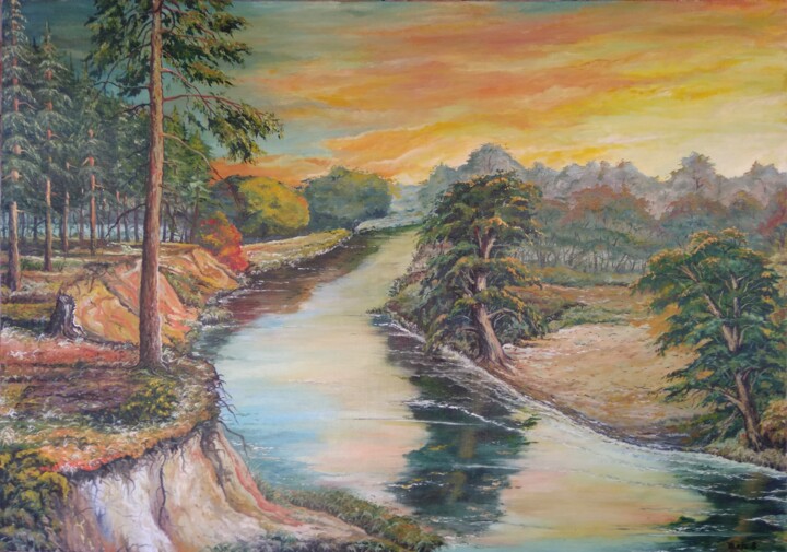 Painting titled "Закат солнца у реки" by Bohdan Kukiz, Original Artwork, Oil