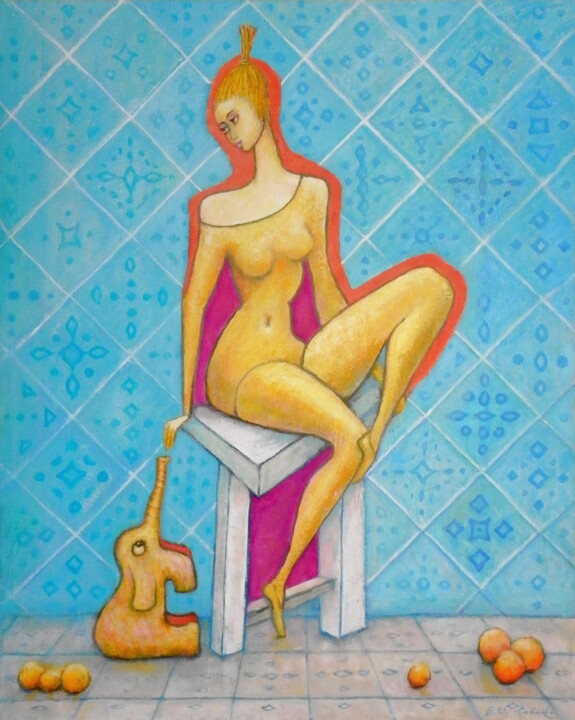 Schilderij getiteld "Elephant - yellow" door Bohdan Wincenty Łoboda, Origineel Kunstwerk, Acryl