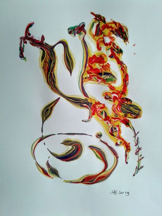 Painting titled "Fire dragons" by Marianne Huizinga, Original Artwork, Gouache