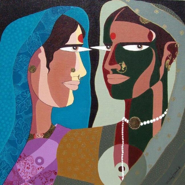 Malerei mit dem Titel "SISTERS-4" von Bolgum Nagesh Goud, Original-Kunstwerk