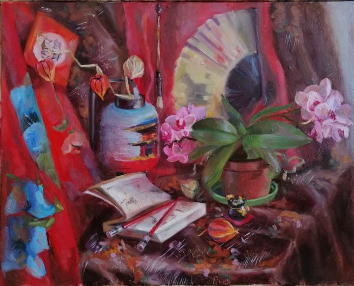 Peinture intitulée "Japanese motif" par Anastasiya Bolshianyanova, Œuvre d'art originale, Huile Monté sur Châssis en bois