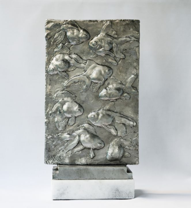 Skulptur mit dem Titel "9 GOLDFISH" von Barake Sculptor, Original-Kunstwerk, Metalle